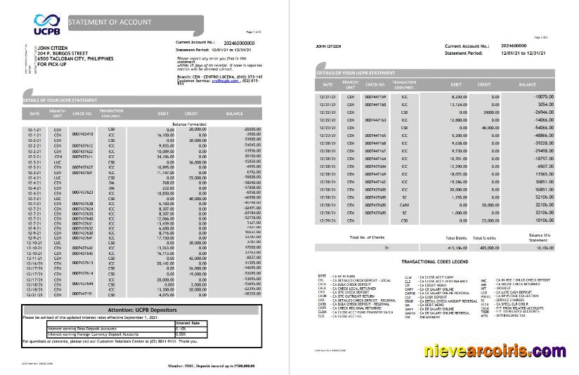 Philippines UCPB bank statement